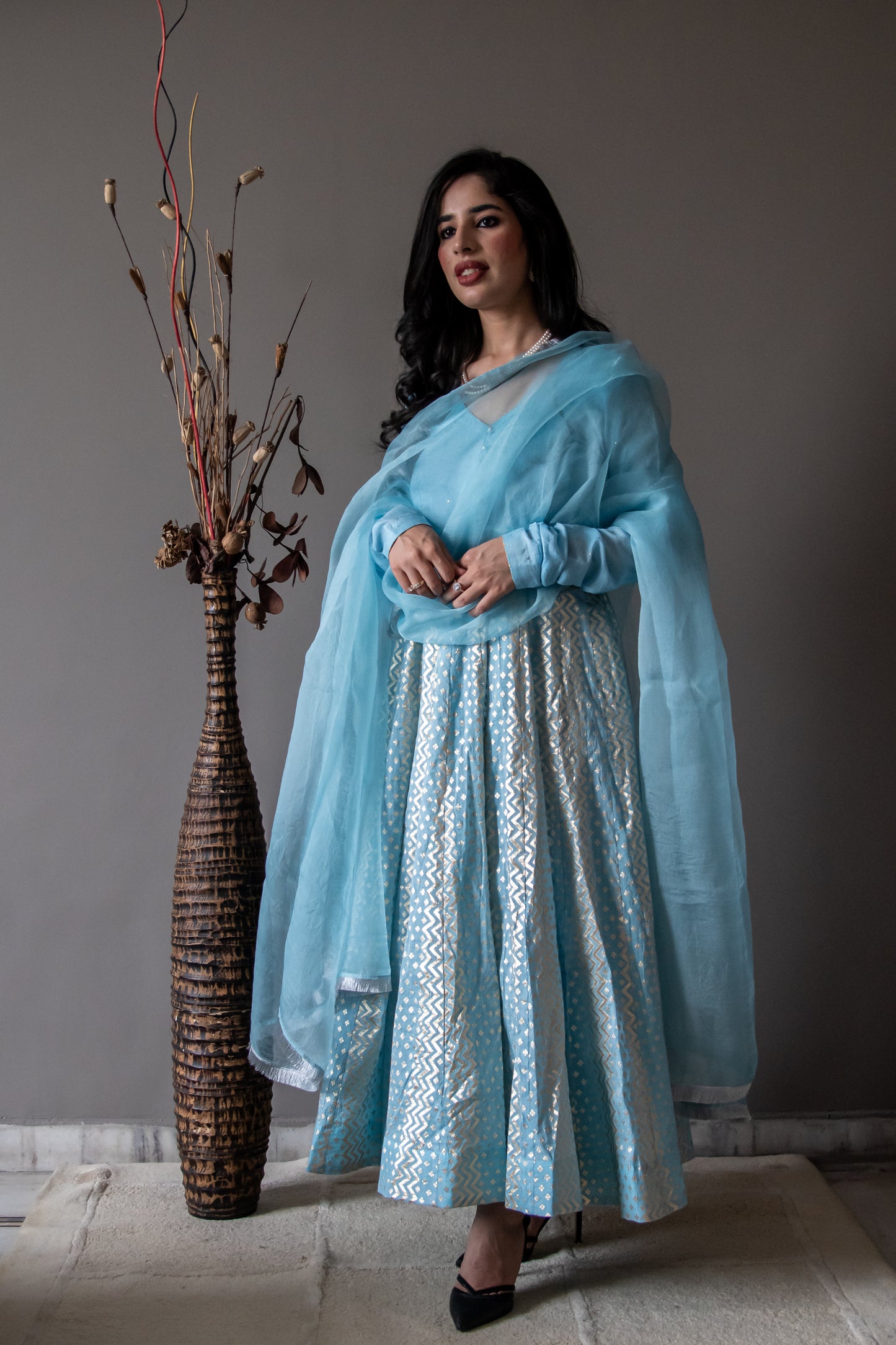 Blue Chanderi Anarkali