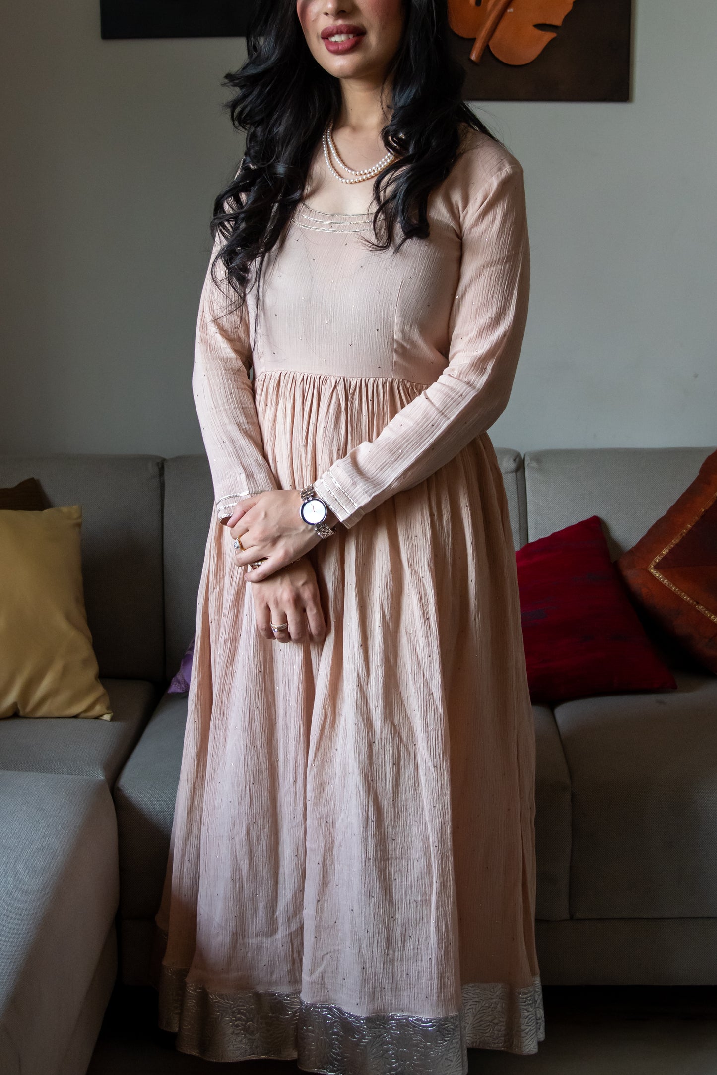 Beige Cotton Crush Mukaish Anarkali