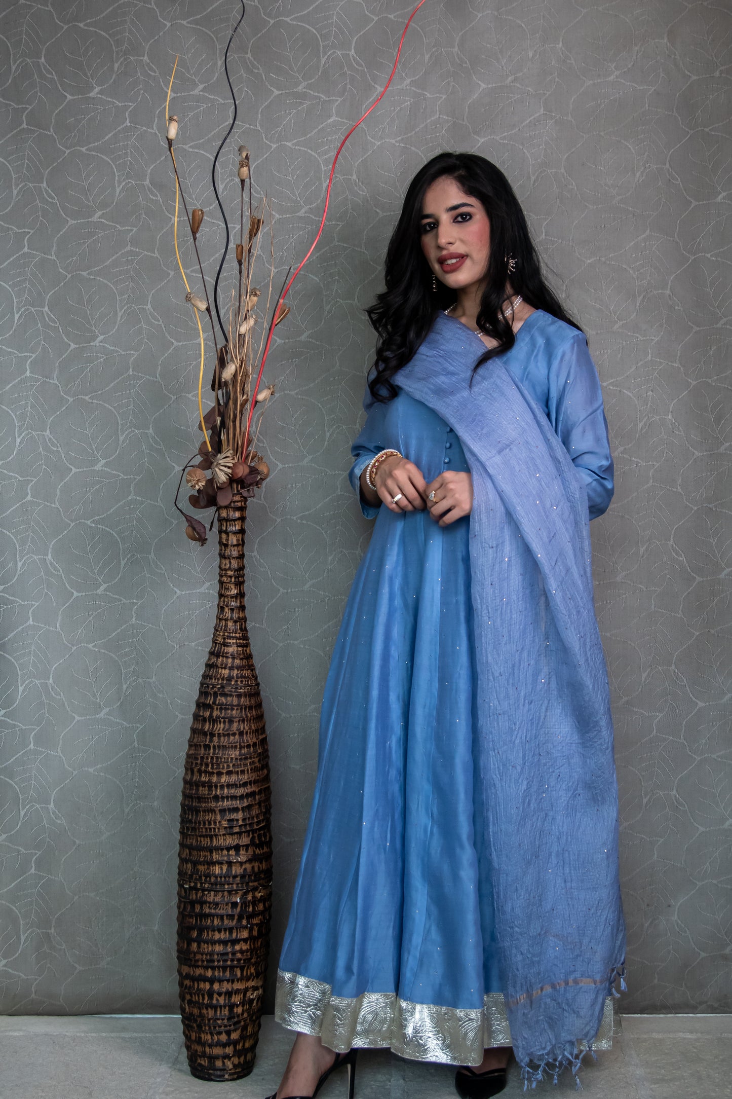 Powder Blue Chanderi Mukaish Anarkali