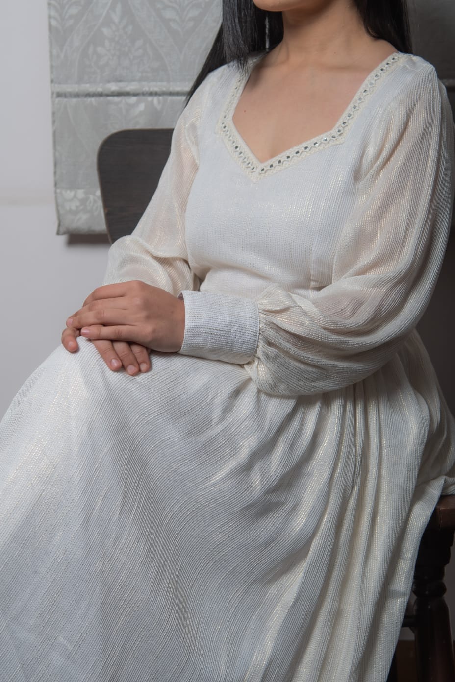 Off White Silk Zari Stripes Gown