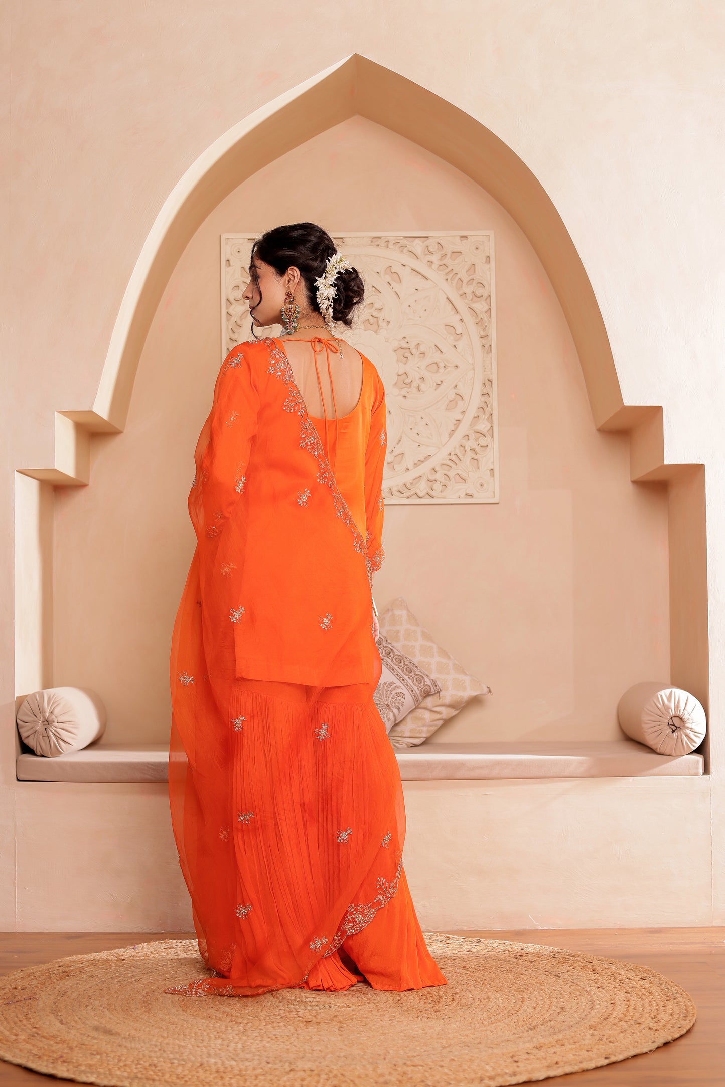 ORANGE SILK HANDEMBROIDERED GHARARA SET
