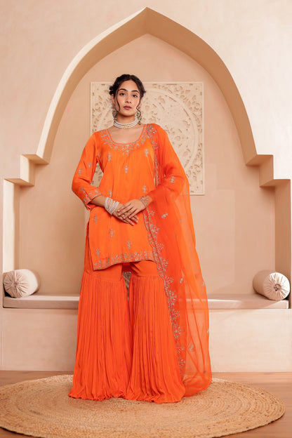 ORANGE SILK HANDEMBROIDERED GHARARA SET