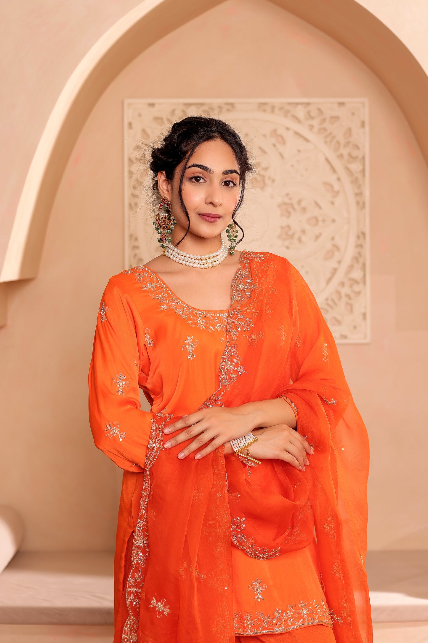 ORANGE SILK HANDEMBROIDERED GHARARA SET