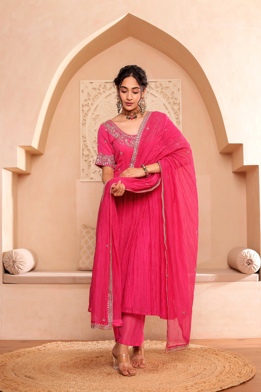 FUCHSIA HANDEMBROIDERED ANARKALI SET