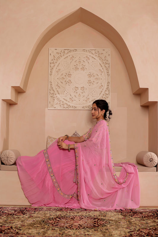 PINK GEORGETTE HANDEMBROIDERED LEHENGA SET