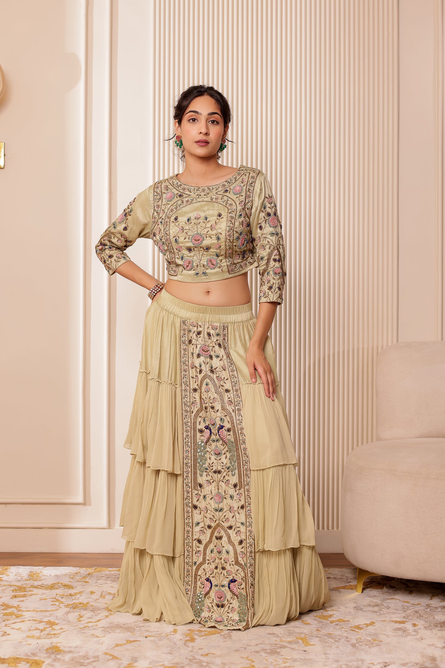 PISTA GREEN HANDEMBROIDERED LEHENGA SET