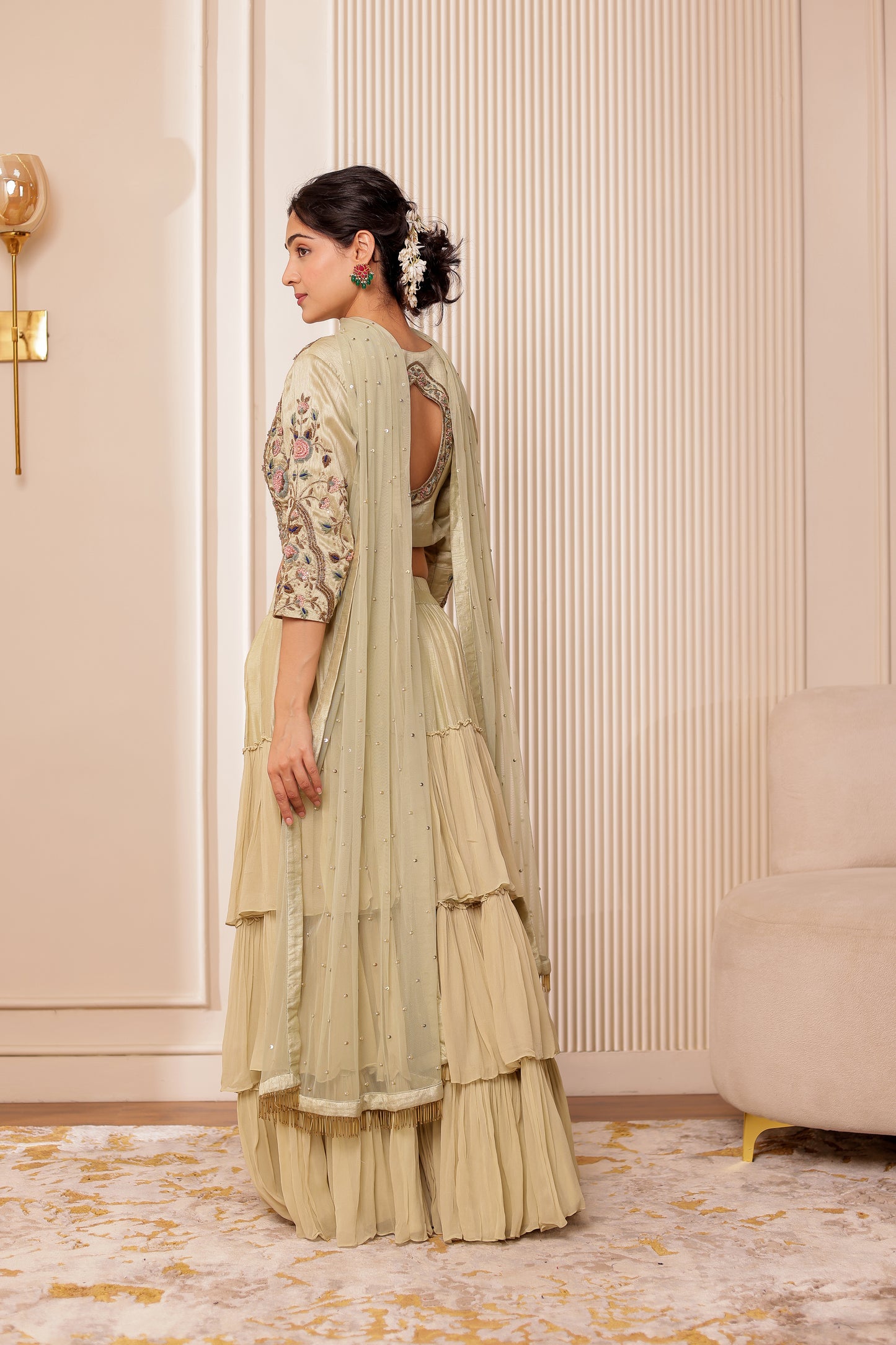 PISTA GREEN HANDEMBROIDERED LEHENGA SET