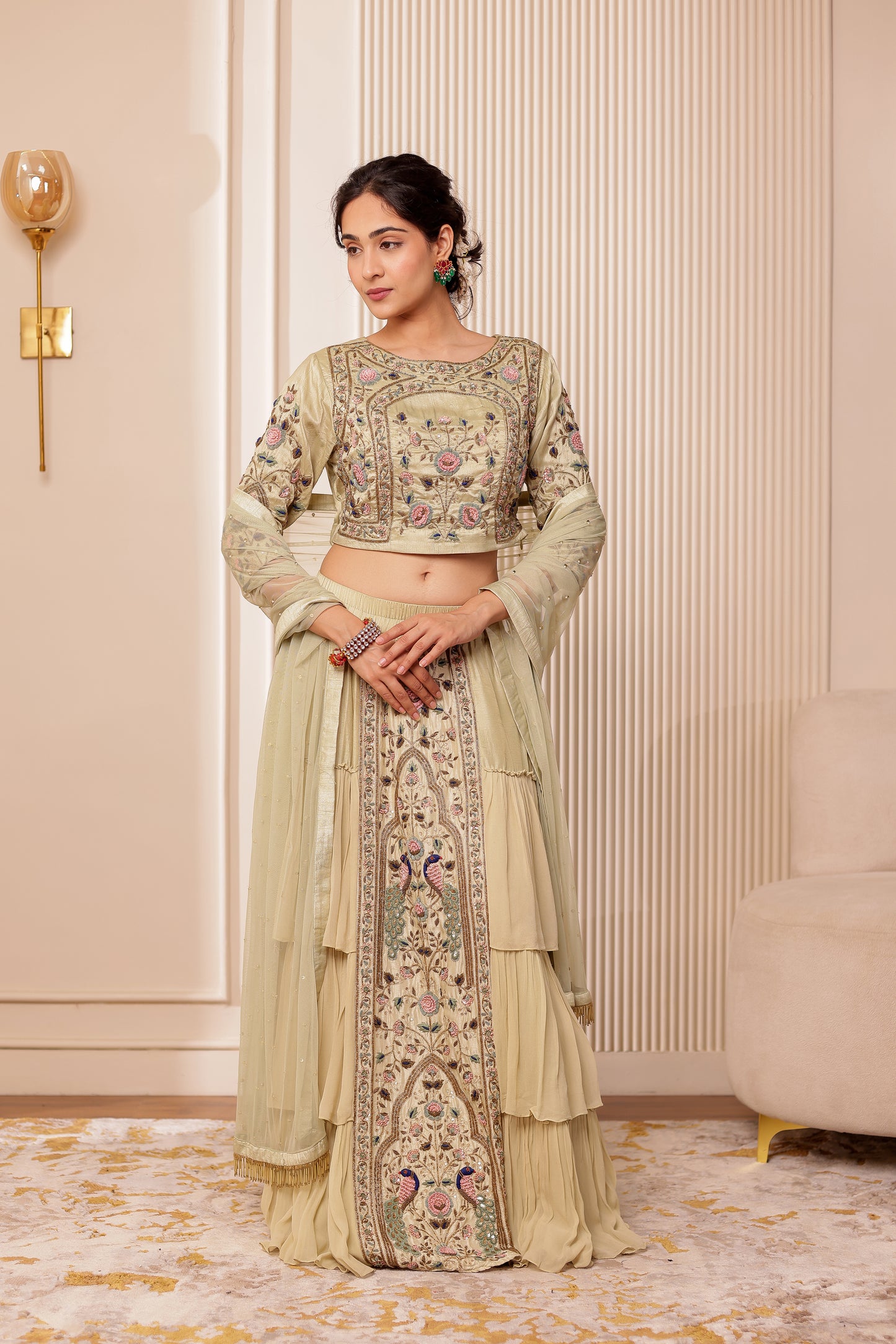 PISTA GREEN HANDEMBROIDERED LEHENGA SET
