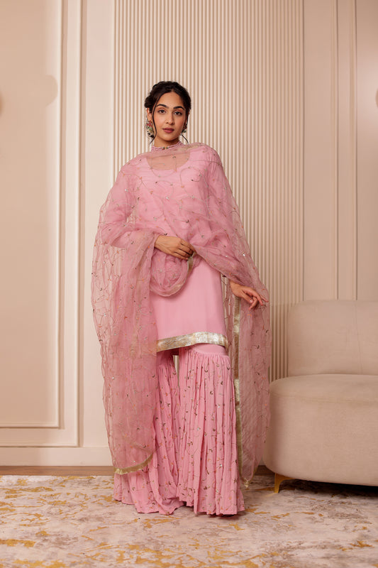 PINK CREPE HANDEMBROIDERED GHARARA SET