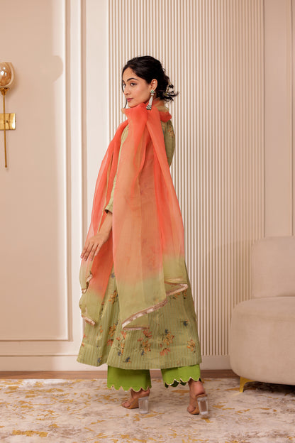 GREEN ZARI STRIPES CHANDERI SILK ANARKALI SET