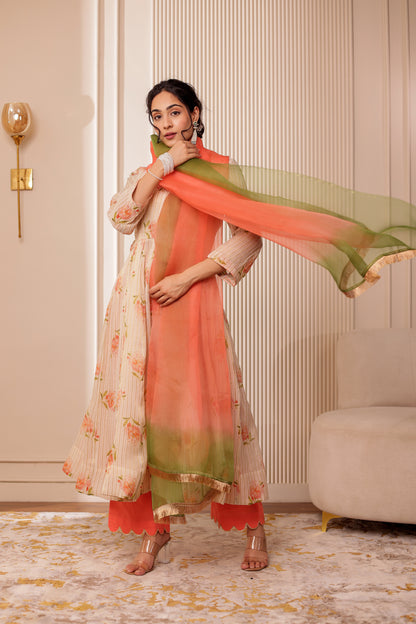 BIEGE CHANDERI SILK ZARI STRIPES ANARKALI SET