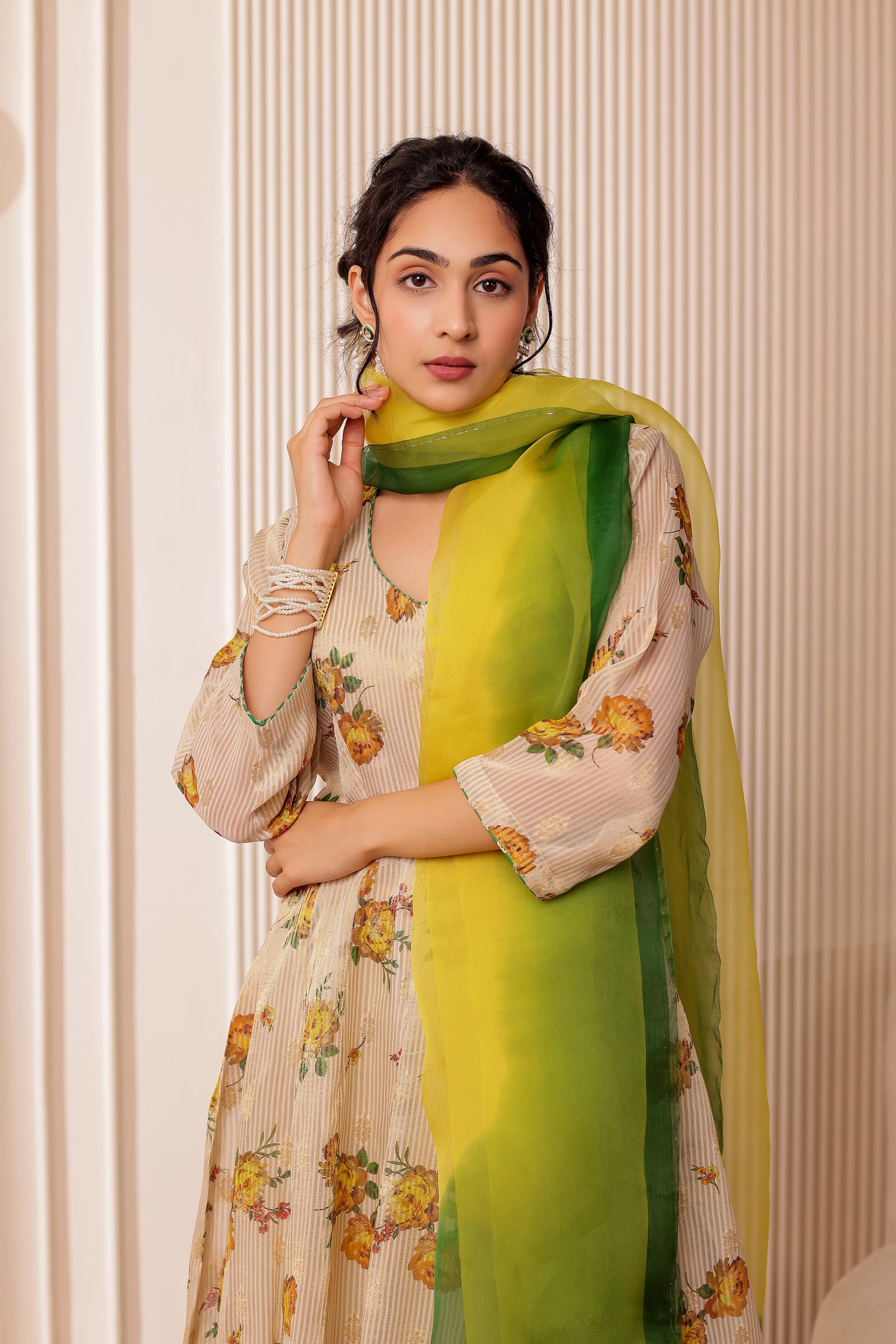 BEIGE PRINTED CHANDERI SILK ANARKALI SET