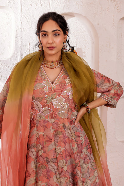 MAUVE CHANDERI PRINTED ANARKALI SET