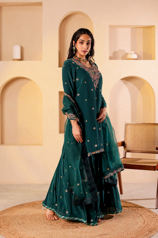 Teal Silk Handembroidered Sharara Set