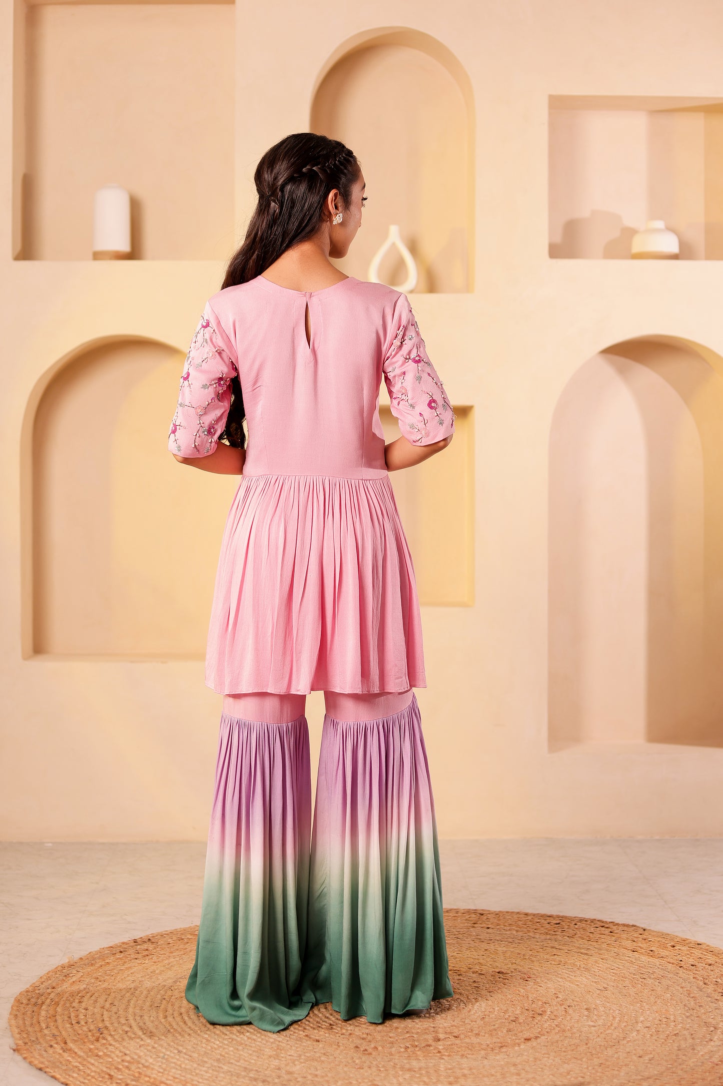 Flamingo Crepe Satin Handembroidered Gharara Set