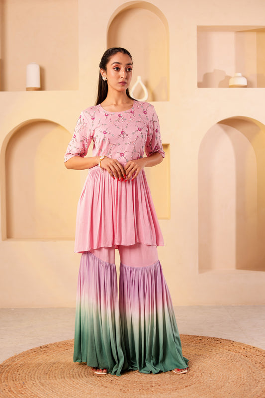 Flamingo Crepe Satin Handembroidered Gharara Set