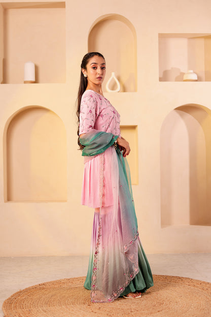Flamingo Crepe Satin Handembroidered Gharara Set