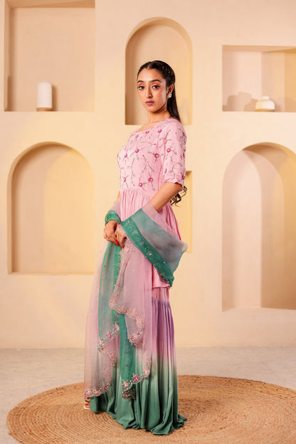 Flamingo Crepe Satin Handembroidered Gharara Set