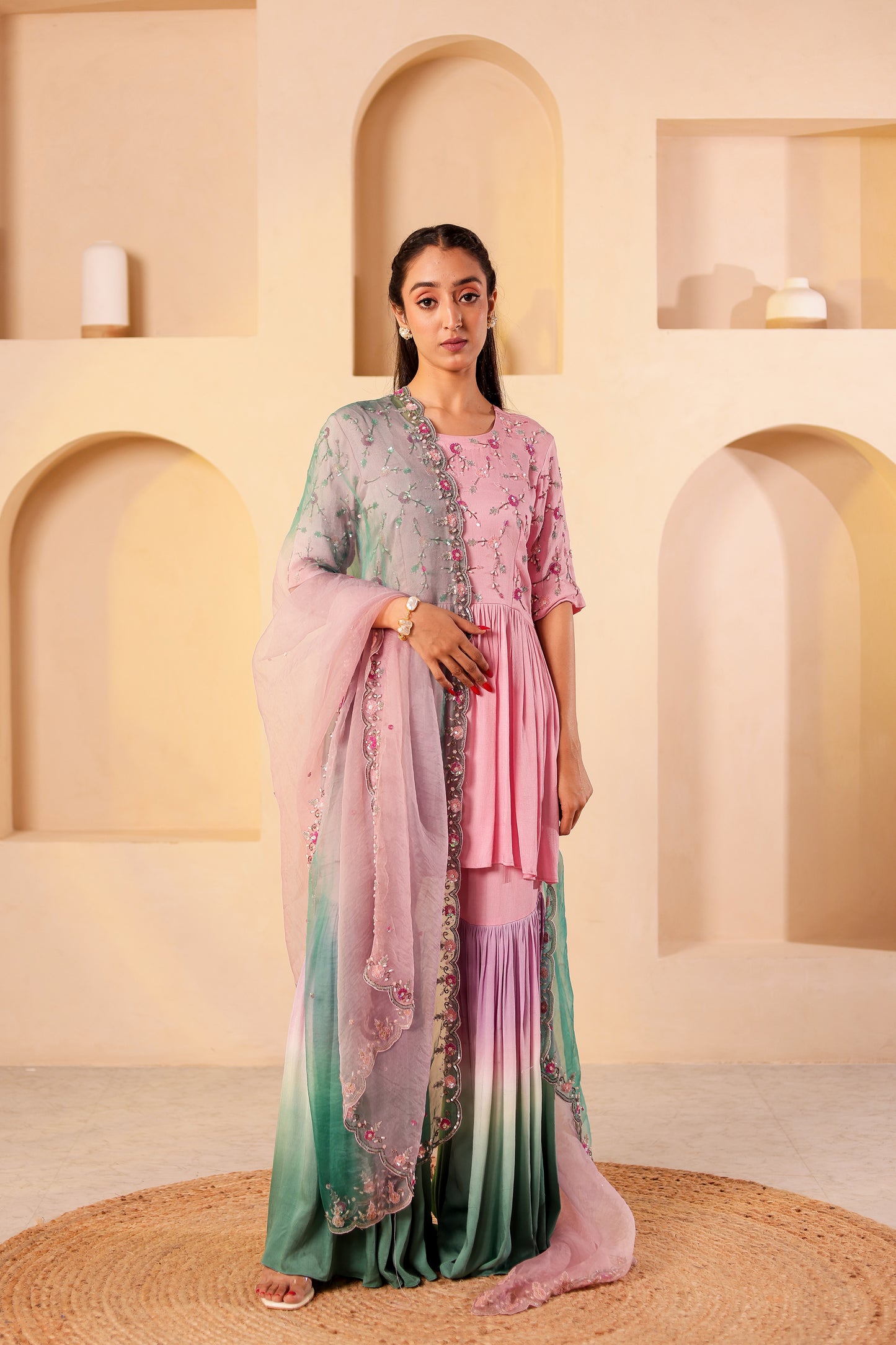Flamingo Crepe Satin Handembroidered Gharara Set