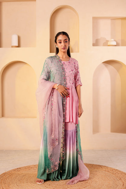 Flamingo Crepe Satin Handembroidered Gharara Set