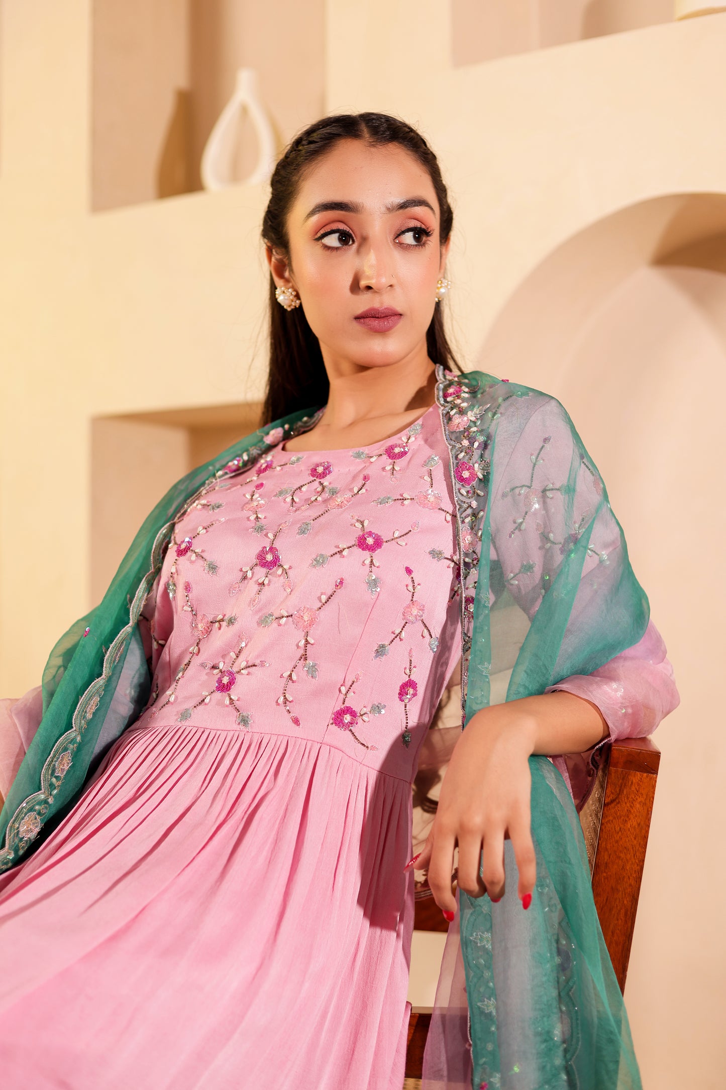 Flamingo Crepe Satin Handembroidered Gharara Set