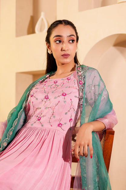 Flamingo Crepe Satin Handembroidered Gharara Set