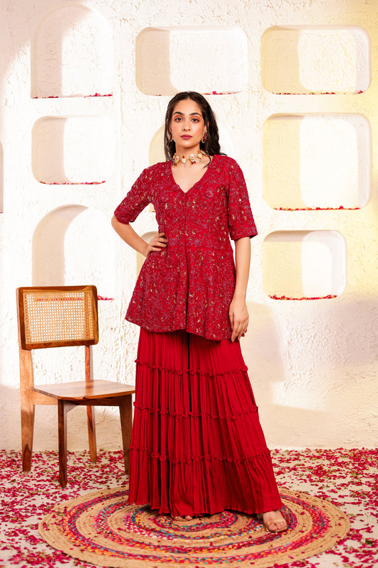 Red Handembroidered Peplum Sharara Set