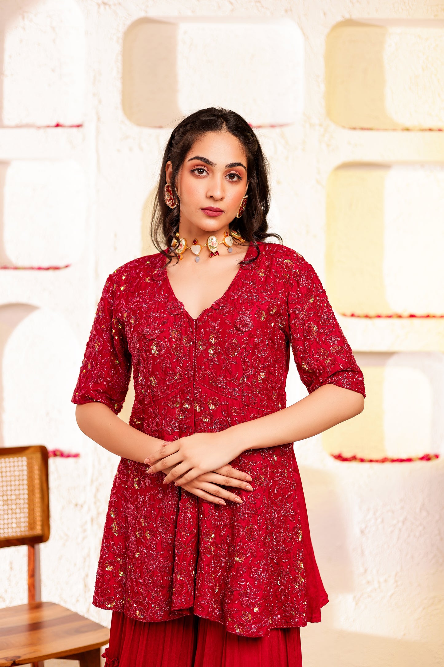Red Handembroidered Peplum Sharara Set