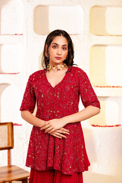 Red Handembroidered Peplum Sharara Set