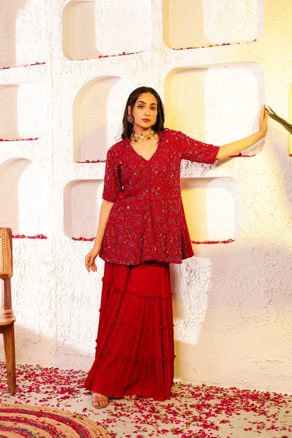Red Handembroidered Peplum Sharara Set
