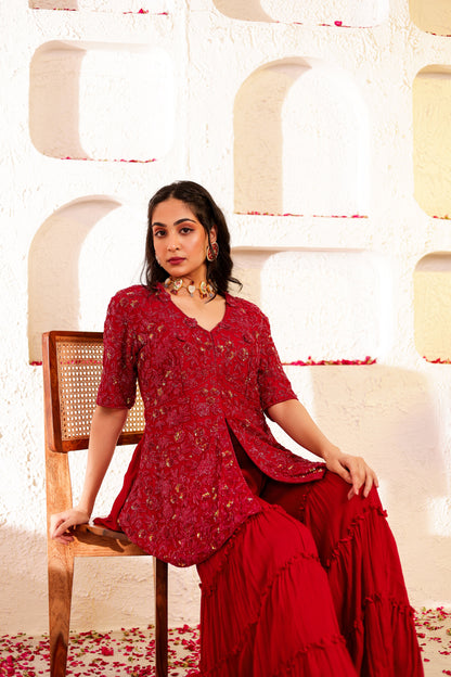 Red Handembroidered Peplum Sharara Set