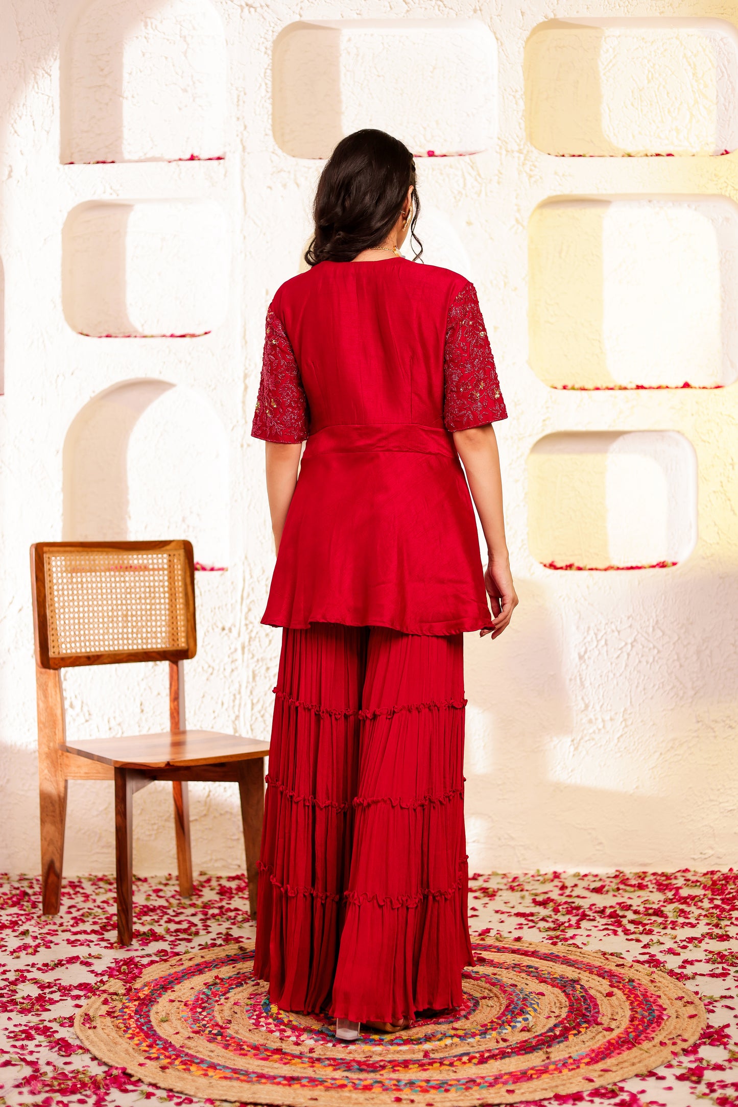 Red Handembroidered Peplum Sharara Set