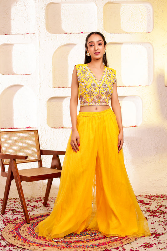 Bright Yellow Handembroidered Sharara Set