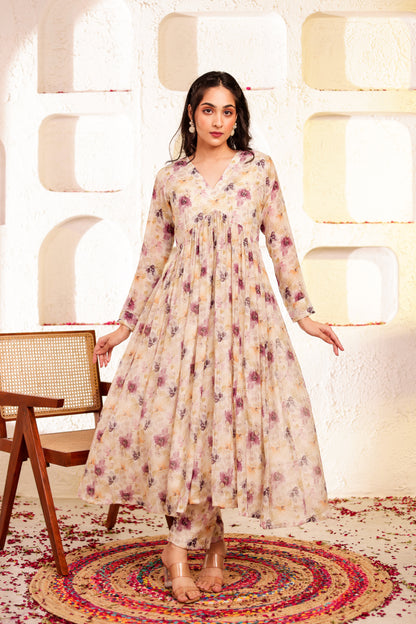 Beige Mul Chanderi Printed Co-ord Set