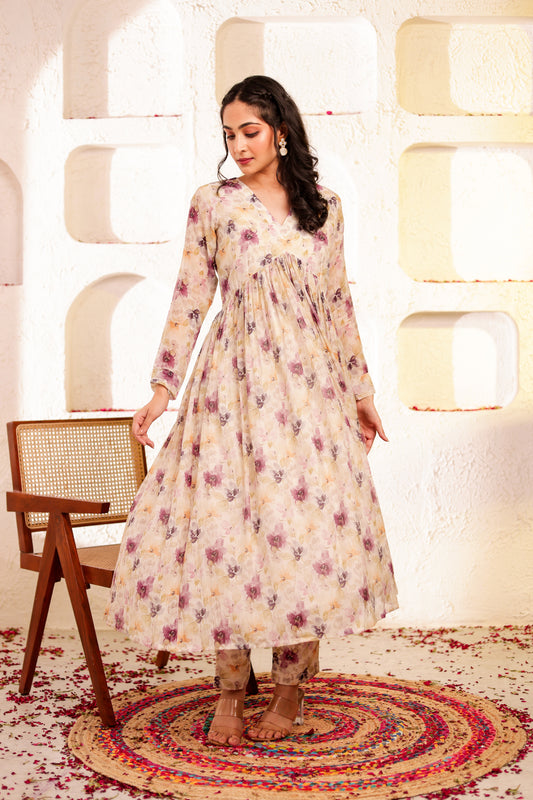 Beige Mul Chanderi Printed Co-ord Set
