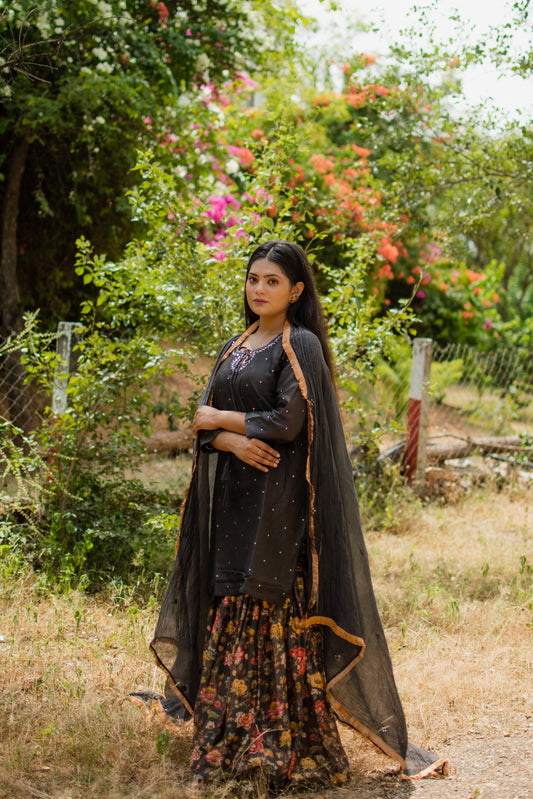 Black Digitally Printed Gharara Set