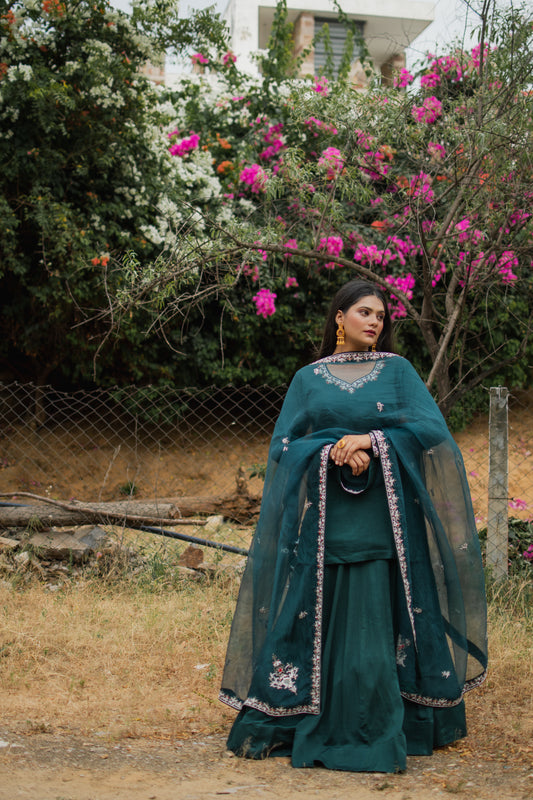 Teal Crepe Handembroidered Lehenga Set