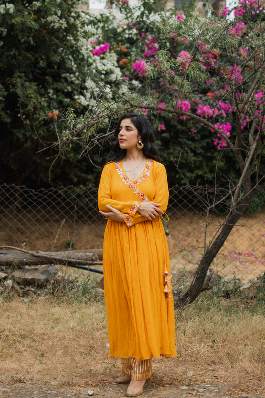 Mustard Chanderi Hanembroidered Anarkali Set