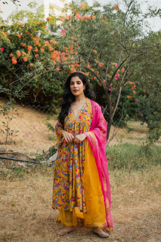 Mustard Floral Digital Printed Anarkali Set