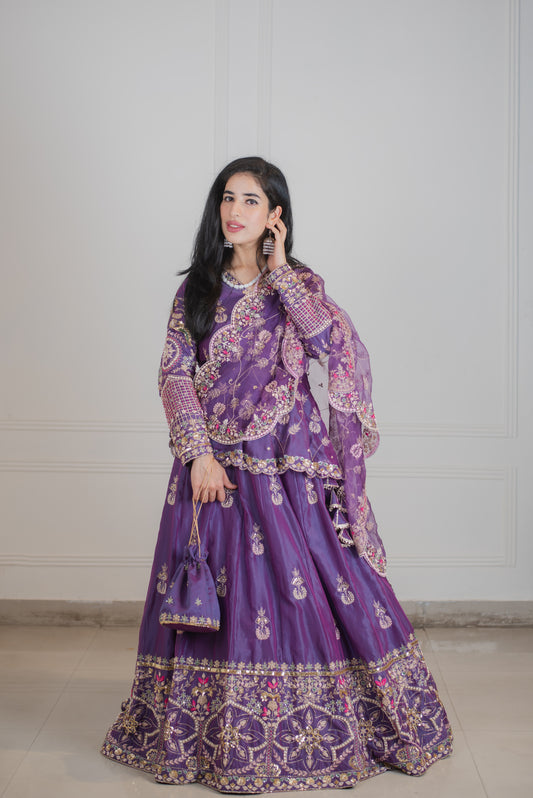 Purple Handembroidered Chanderi Silk Lehenga Set