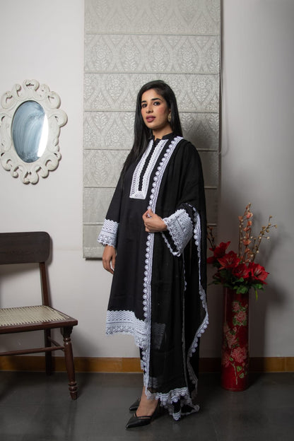 Midnight Black Square Lace Cotton Suit