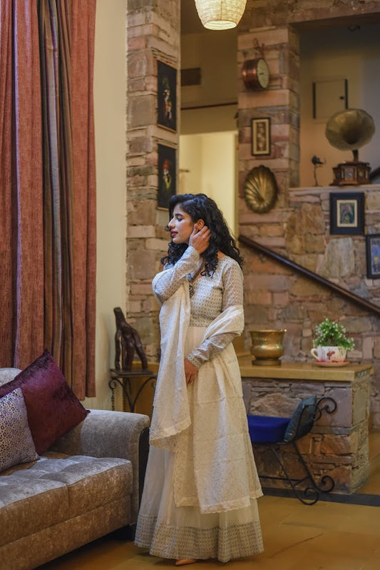 Macaron White Sequence Chanderi Anarkali