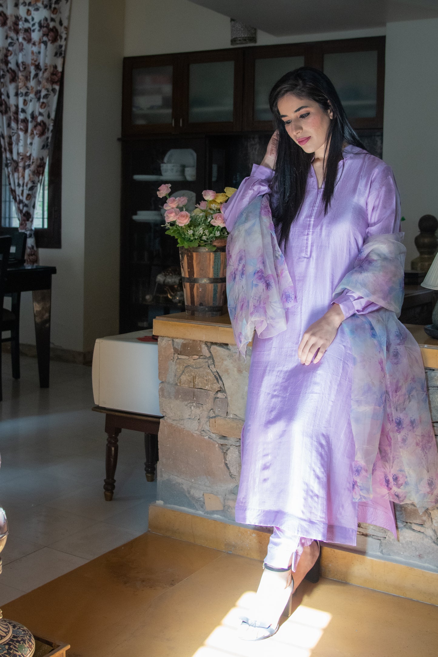 Lilac Silk Suit Floral Dupatta