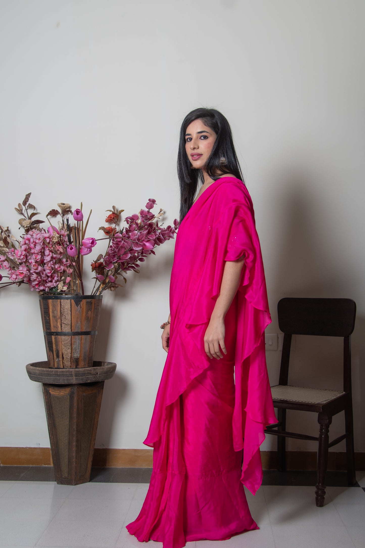 Fuchsia Pink Ruffle Saree