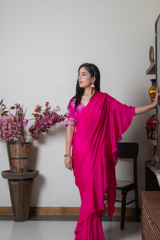 Fuchsia Pink Ruffle Saree