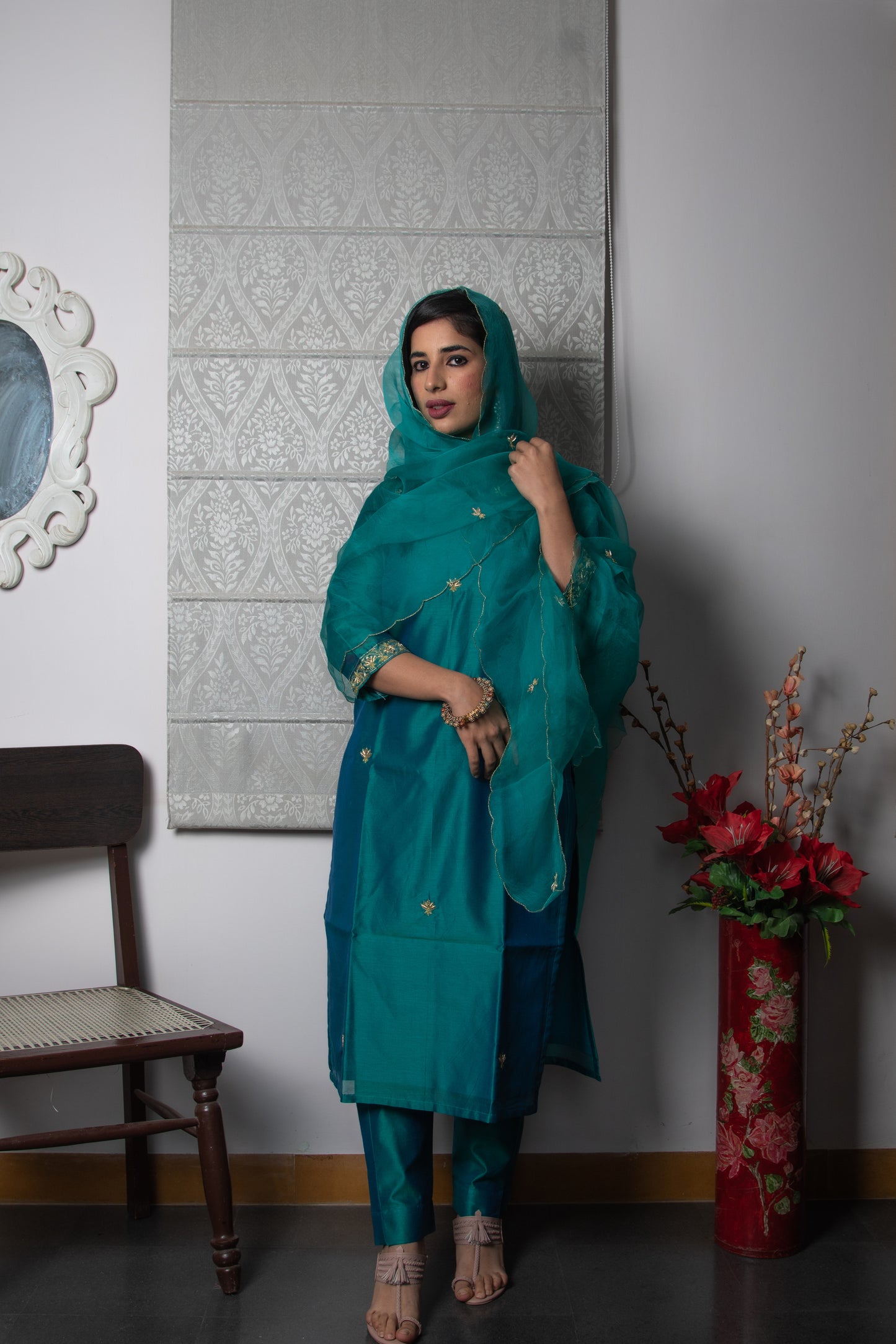 Chanderi Silk Teal Suit