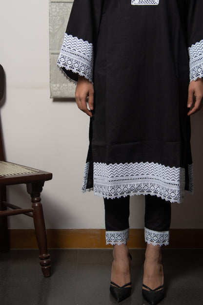 Midnight Black Square Lace Cotton Suit