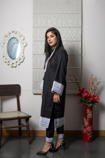 Midnight Black Square Lace Cotton Suit