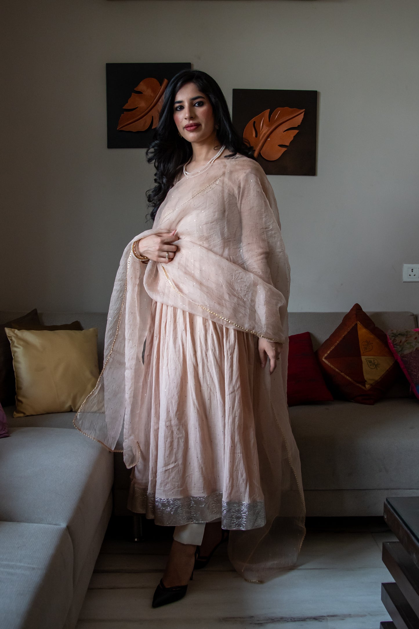 Beige Cotton Crush Mukaish Anarkali