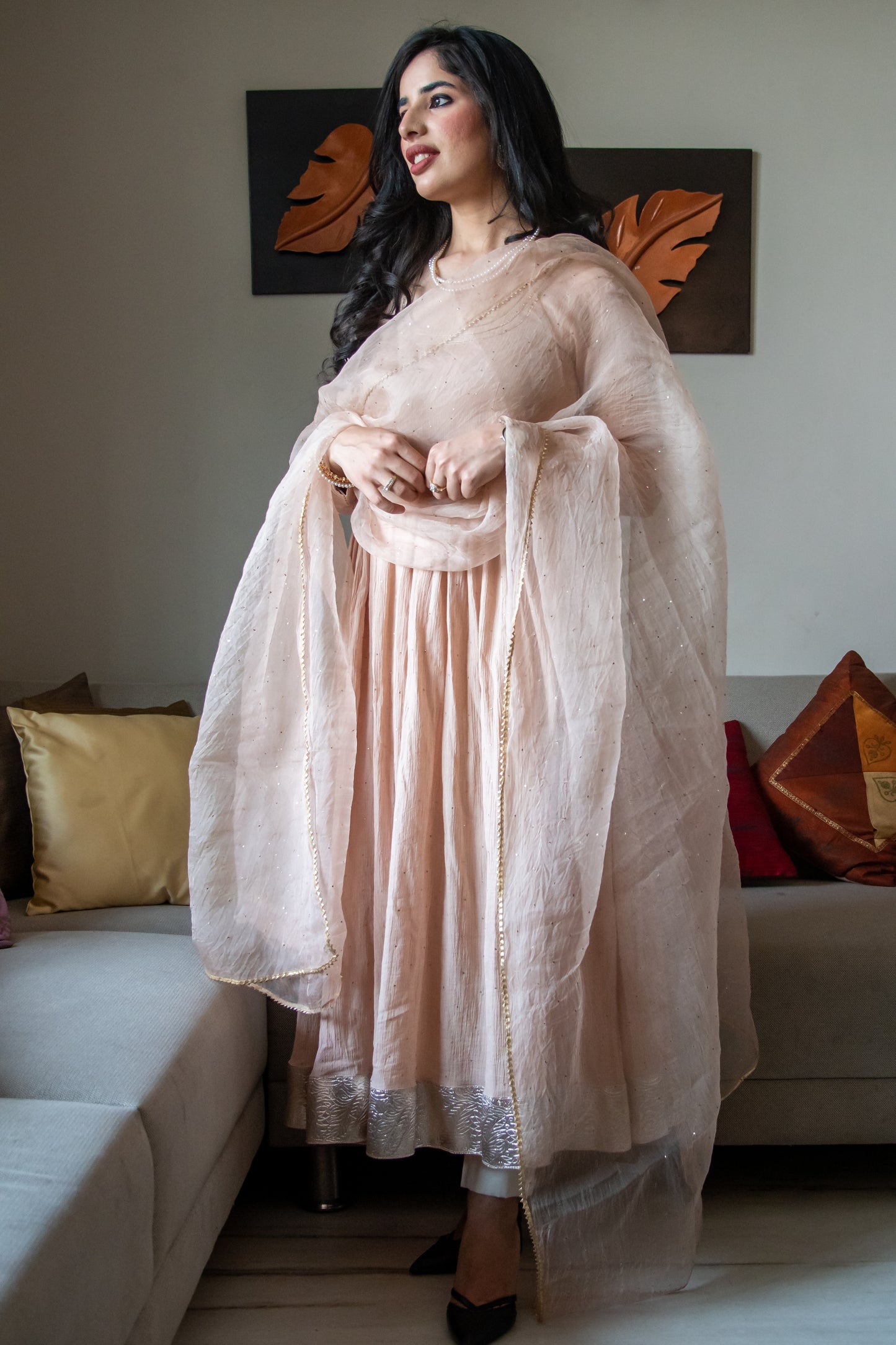 Beige Cotton Crush Mukaish Anarkali